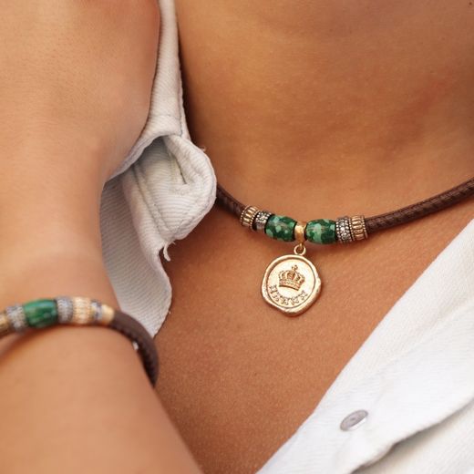 Collar Plata de Palo mujer de cuero cosido color visón Referencia:WN223X adornado con piezas de bronce, plata y circonitas blancas