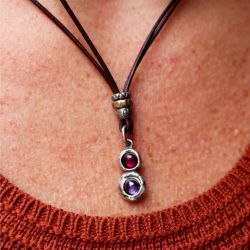 WN250X Collar PLATA DE PALO fino y elegante de cuero mujer Kage lágrima de plata 925 con rubí y amatista