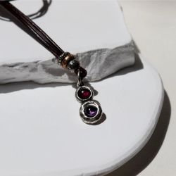 WN250X Collar PLATA DE PALO fino y elegante de cuero mujer Kage lágrima de plata 925 con rubí y amatista