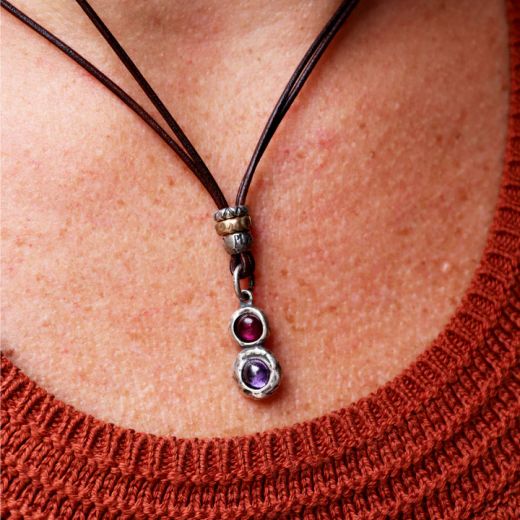 WN250X Collar PLATA DE PALO fino y elegante de cuero mujer Kage lágrima de plata 925 con rubí y amatista
