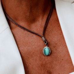 WN257X Collar PLATA DE PALO de cuero mujer Meikai con colgante de piedra azul y cirocintas estiloso