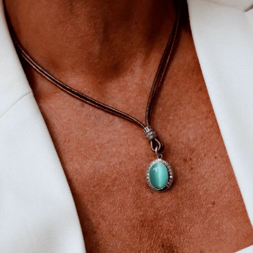 WN257X Collar PLATA DE PALO de cuero mujer Meikai con colgante de piedra azul y cirocintas estiloso