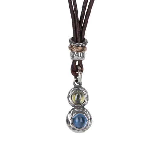 WN252X Collar Plata de Palo de cuero mujer Shinkai centro de plata 925 con aguamarina y olivina