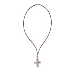 BN024X Collar Hombre Plata de Palo cruz modelo Derb de Plata 925, cuero y bronce