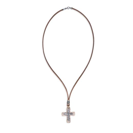 BN024X Collar Hombre Plata de Palo cruz modelo Derb de Plata 925, cuero y bronce