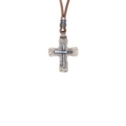 BN024X Collar Hombre Plata de Palo cruz modelo Derb de Plata 925, cuero y bronce