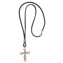 MN027X Collar Plata de Palo de hombre modelo Kagehana de cuero con cruz de bronce