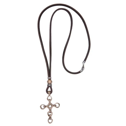 MN027X Collar Plata de Palo de hombre modelo Kagehana de cuero con cruz de bronce
