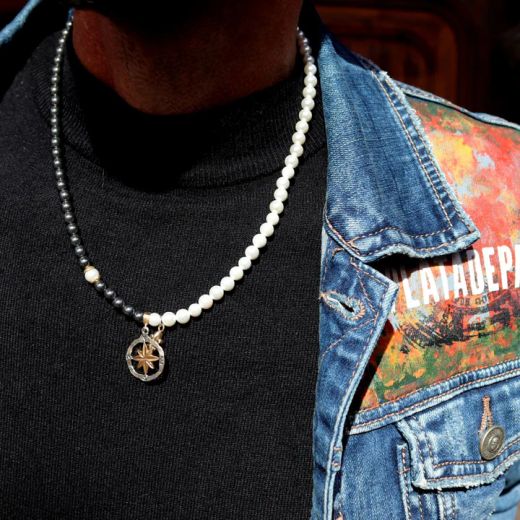 MN031X Collar Plata de Palo hombre Mazar de Plata 925, perlas de agua dulce y hematites