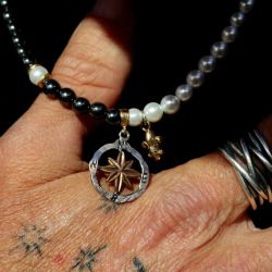 MN031X Collar Plata de Palo hombre Mazar de Plata 925, perlas de agua dulce y hematites