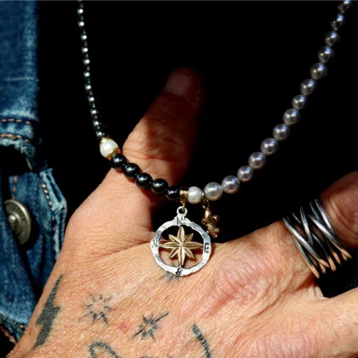 MN031X Collar Plata de Palo hombre Mazar de Plata 925, perlas de agua dulce y hematites