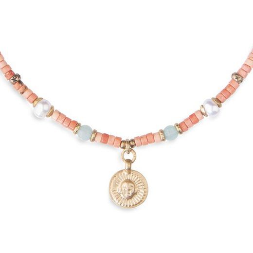 WN159C Collar PLATA DE PALO modelo MAFER de jaspe y dos perlas para mujer de color salmón