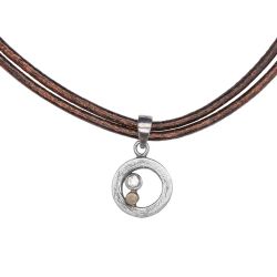 WN253X Collar Plata de Palo mujer de cuero colección ENSO con colgante círculo de plata 925 y un punto de bronce con circonita