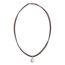 WN253X Collar Plata de Palo mujer de cuero colección ENSO con colgante círculo de plata 925 y un punto de bronce con circonita