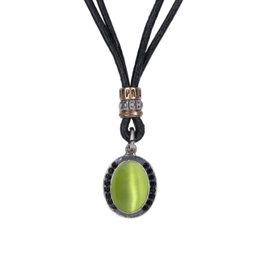 WN263X Collar Plata de Palo Mujer de cuero modelo Sei con plata 925 y piedra verde super elegante