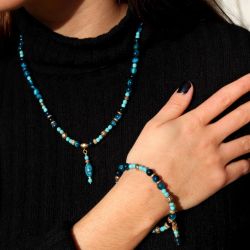 WN281X Collar Plata de Palo Mujer Safi de Plata 925, Turquesa, Bronce y Ojo de tigre azul