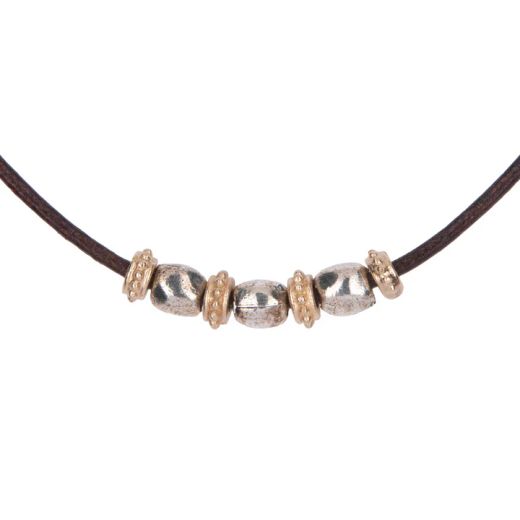 WN266X Collar Plata de Palo Mujer Shiranami de cuero fino con óvalos de plata 925 y cuentas de bronce