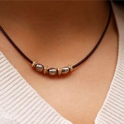 WN266X Collar Plata de Palo Mujer Shiranami de cuero fino con óvalos de plata 925 y cuentas de bronce