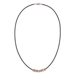 WN266X Collar Plata de Palo Mujer Shiranami de cuero fino con óvalos de plata 925 y cuentas de bronce