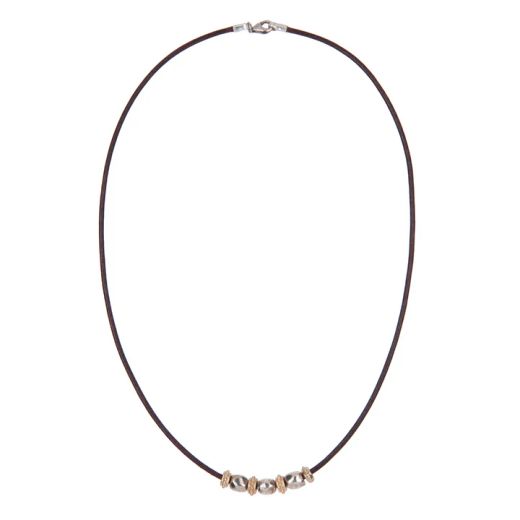WN266X Collar Plata de Palo Mujer Shiranami de cuero fino con óvalos de plata 925 y cuentas de bronce