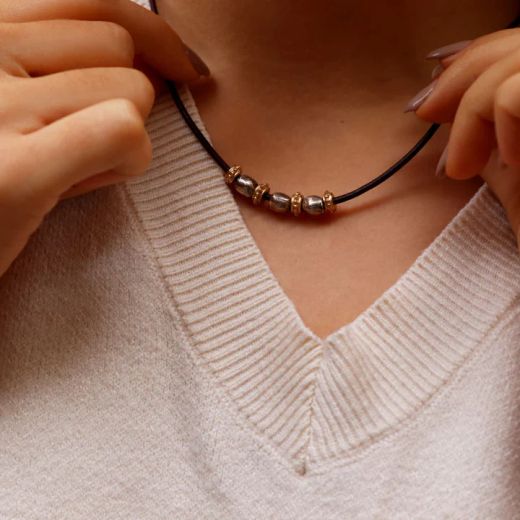 WN266X Collar Plata de Palo Mujer Shiranami de cuero fino con óvalos de plata 925 y cuentas de bronce