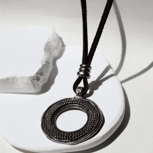 WN258X Collar PLATA DE PALO mujer colección Tetsu de cuero con colgante círculo en plata 925