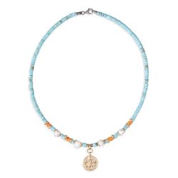 WN159A Collar PANTER de jaspe para mujer cuatro perlas y medalla de bronce