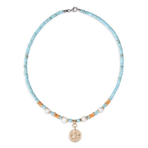 WN159A Collar PANTER de jaspe para mujer cuatro perlas y medalla de bronce