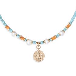 WN159A Collar PANTER de jaspe para mujer cuatro perlas y medalla de bronce