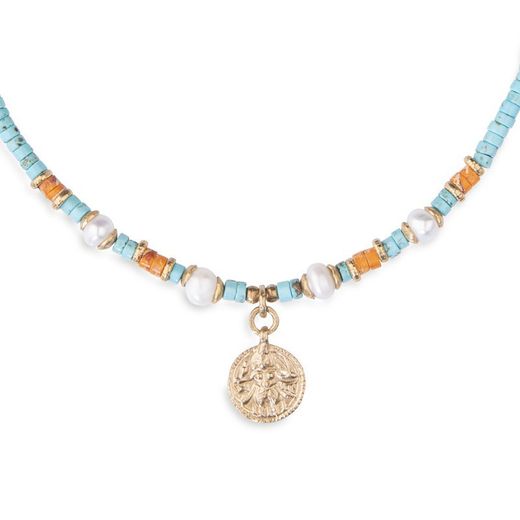 WN159A Collar PANTER de jaspe para mujer cuatro perlas y medalla de bronce