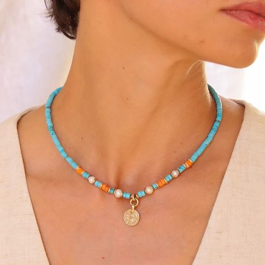 WN159A Collar PANTER de jaspe para mujer cuatro perlas y medalla de bronce