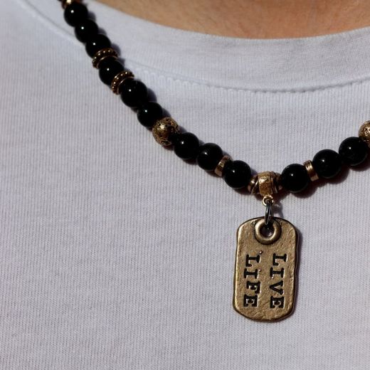MN032X Collar Plata de Palo de hombre Riad "live life" de Ónix, Bronce y Plata 925