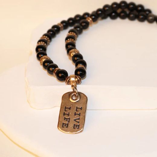 MN032X Collar Plata de Palo de hombre Riad "live life" de Ónix, Bronce y Plata 925