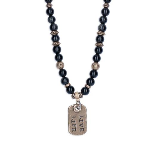 MN032X Collar Plata de Palo de hombre Riad "live life" de Ónix, Bronce y Plata 925