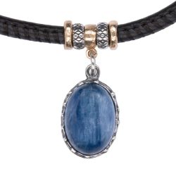 WN256X Collar Plata de Palo extremado mujer de cuero y colgante con piedra cianita