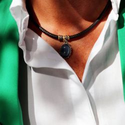 WN256X Collar Plata de Palo extremado mujer de cuero y colgante con piedra cianita
