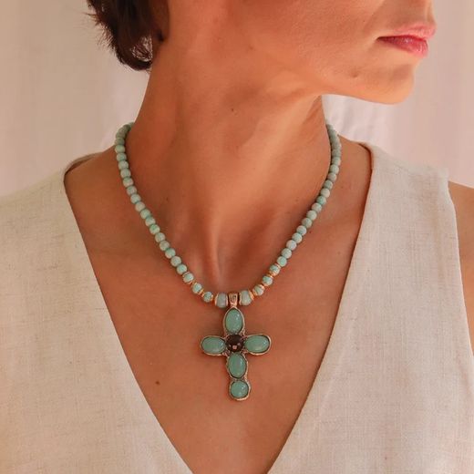 WN100X Collar PLATA DE PALO mujer en forma de cruz moderno y elegante