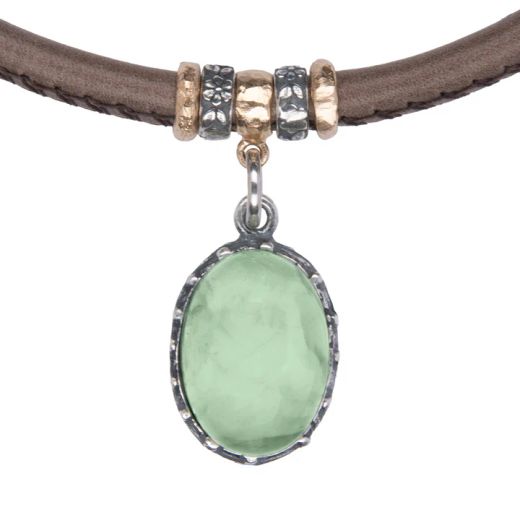 WN262X Collar Plata de Palo mujer de cuero color visón y colgante con piedra prehnita