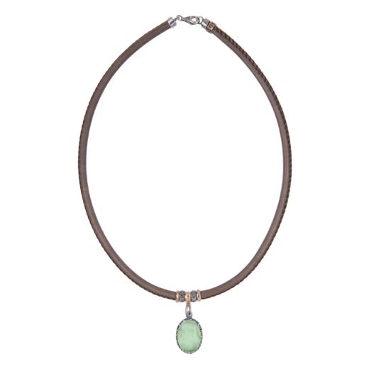 WN262X Collar Plata de Palo mujer de cuero color visón y colgante con piedra prehnita