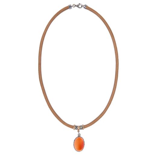 WN255X Collar PLATA DE PALO mujer modelo Rin de cuero color camel y colgante de cornalina