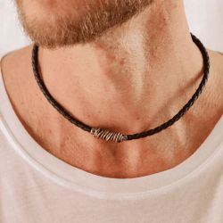 MN006X Collar PLATADEPALO de hombre cuero trenzado colección Lanzarote