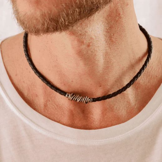 MN006X Collar PLATADEPALO de hombre cuero trenzado colección Lanzarote