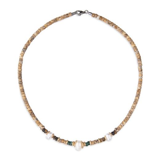 WN159M Collar Plata de Palo modelo TERNA de jaspe para mujer con tres perlas de agua dulce