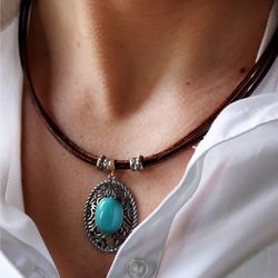 Collar Tina WN235X Plata de Palo de mujer de cuero y plata de ley con turquesa