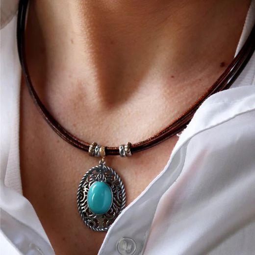 Collar Tina WN235X Plata de Palo de mujer de cuero y plata de ley con turquesa