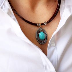 Collar Tina WN235X Plata de Palo de mujer de cuero y plata de ley con turquesa
