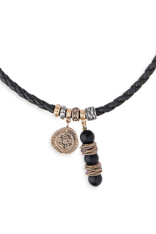 Collar Verdun MN020X Colgante PLATA DE PALO cuero y ónix