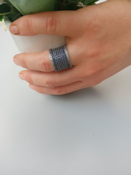 CR33A Anillo Plata de Palo de mujer ancho de plata 925 con circonitas en azul
