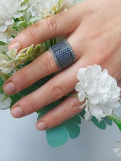 CR33A Anillo Plata de Palo de mujer ancho de plata 925 con circonitas en azul