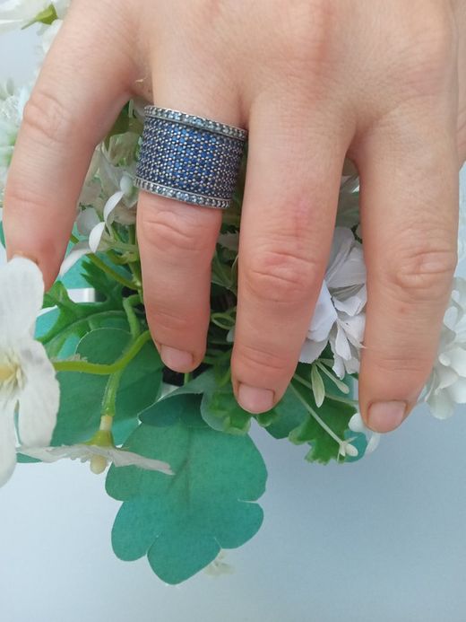 CR33A Anillo Plata de Palo de mujer ancho de plata 925 con circonitas en azul